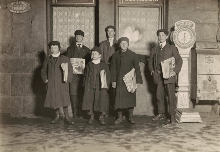 8:30 P.M. Group of newsboys selling at the depot, Hartford, Connecticut. Smallest boy 11 years old., courtesy of the National Gallery of Art