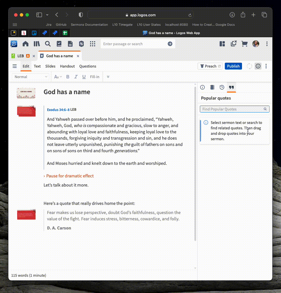 A screen capture showing someone dragging a quote into their sermon document in Logos Bible Software